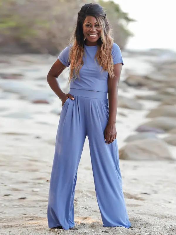 Levoire | Femmes t-shirt uni col rond à manches courtes + Ensemble de pantalon deux pièces Bleu