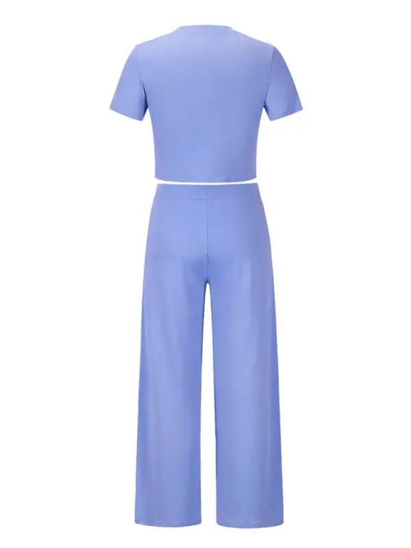Levoire | Femmes t-shirt uni col rond à manches courtes + Ensemble de pantalon deux pièces