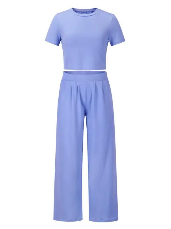 Levoire | Femmes t-shirt uni col rond à manches courtes + Ensemble de pantalon deux pièces