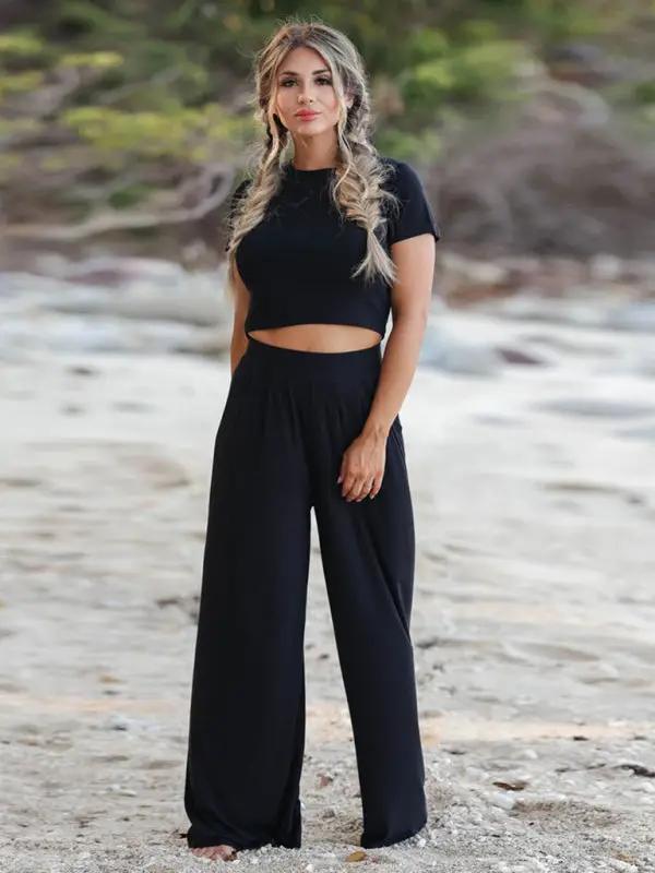 Levoire | Femmes t-shirt uni col rond à manches courtes + Ensemble de pantalon deux pièces Noir