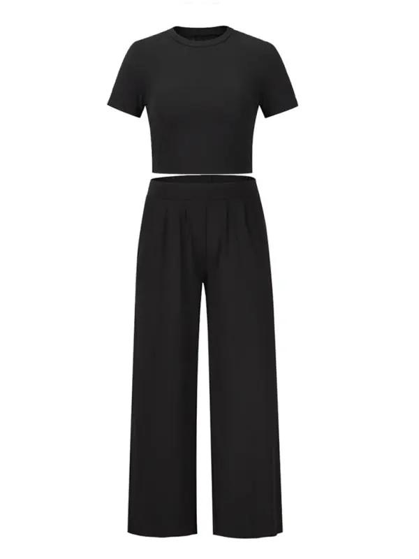 Levoire | Femmes t-shirt uni col rond à manches courtes + Ensemble de pantalon deux pièces