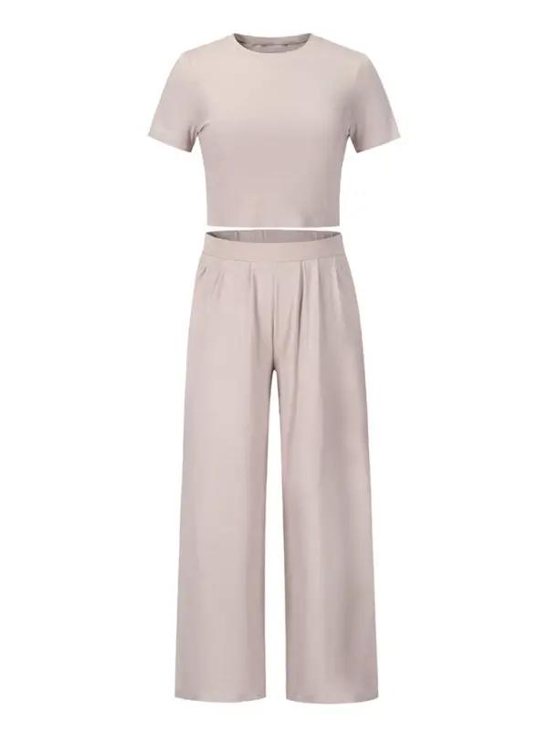 Levoire | Femmes t-shirt uni col rond à manches courtes + Ensemble de pantalon deux pièces