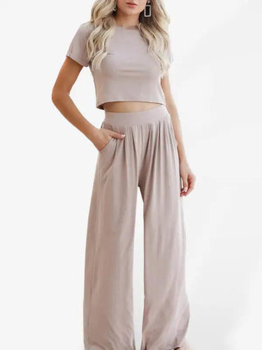 Levoire | Femmes t-shirt uni col rond à manches courtes + Ensemble de pantalon deux pièces