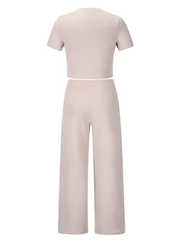 Levoire | Femmes t-shirt uni col rond à manches courtes + Ensemble de pantalon deux pièces