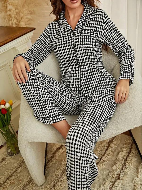 Levoire | Femmes Rhombus Pantalons à Manches Longues Vêtements de Maison Ensemble