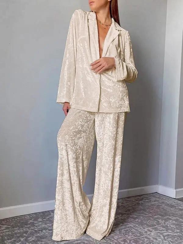 Levoire | Pyjama épais en flanelle chaud, à manches longues et pantalon Ensemble à deux pièces Crème