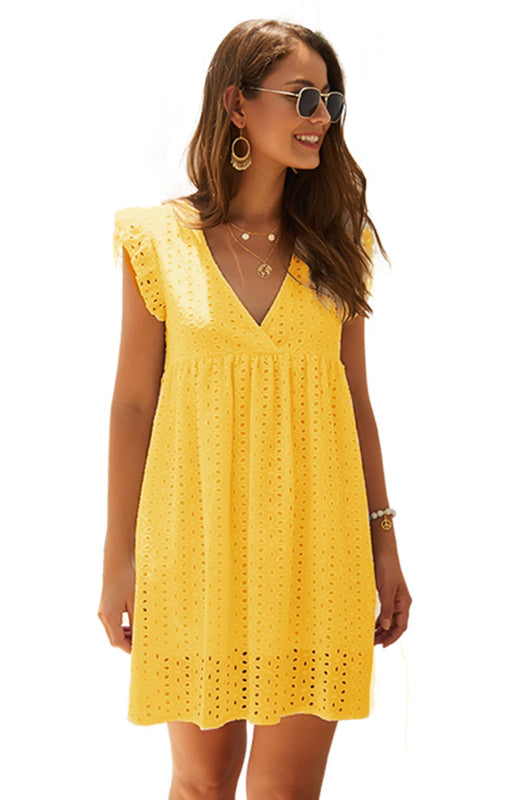 Levoire | Femmes V neck Manches courtes Longue Robe Flottante Jaune