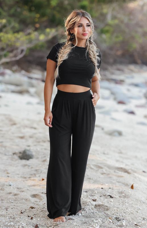 Levoire | Vêtements pour femmes Pendler À la maison pour femmes T-shirt Pantalons larges Combinaison compatible Mop Ensemble Musta
