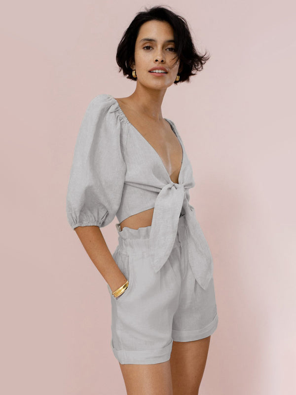 Levoire | Vêtements pour femmes Chemise en coton-lin sexy avec poches Shorts Pantalons amples Cracker kaki