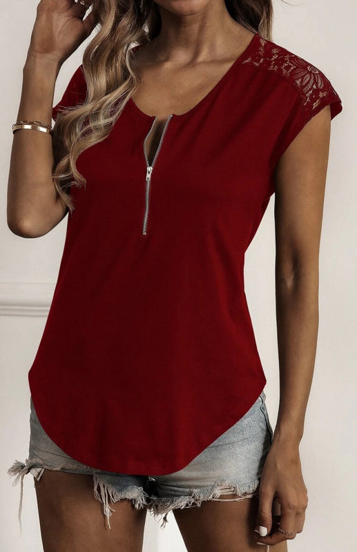 Levoire | Femme Col Rond Broderie Semi-Strandée Boucle Manches Courtes Hauts Rouge vin