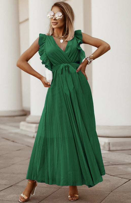 Levoire | Slim Fit Sexy Lotusleaf Sans Manches Chiffon Tombant Uni Robe Vert forêt