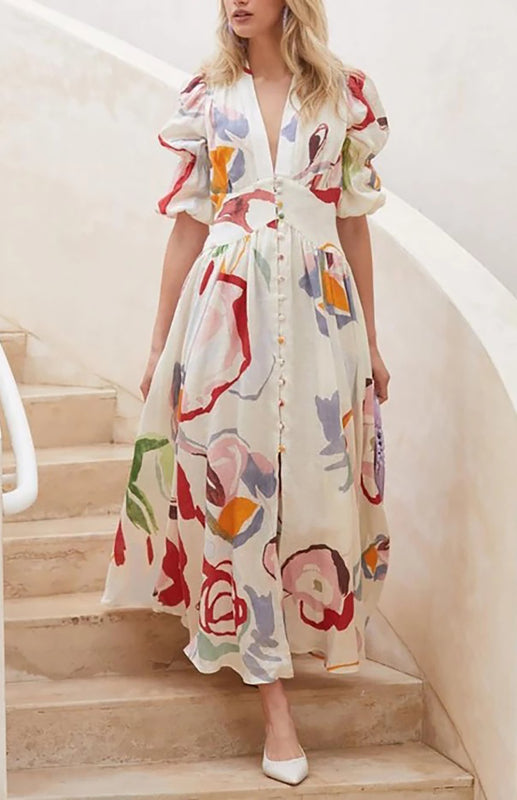Levoire | Robe Maxi Plage Imprimé Chiffon Slim Fit Col V Appuyez sur blanc
