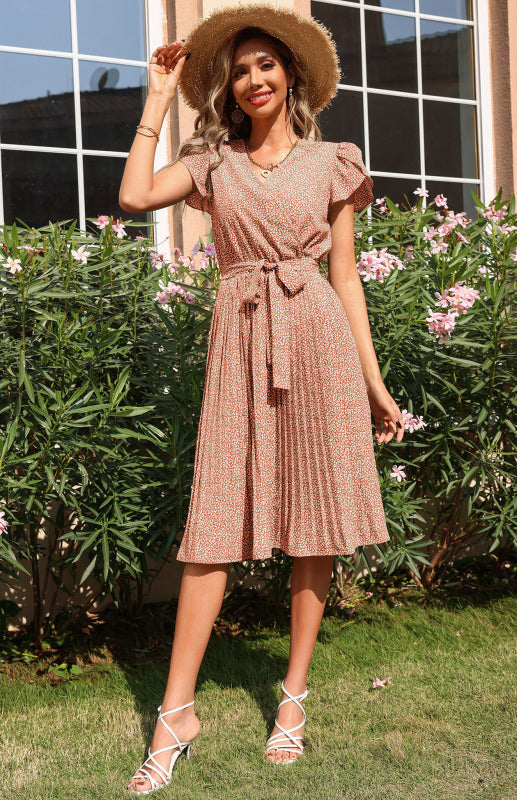 Levoire | Femme Jupe Imprimée Plissée Robe V Col Roue