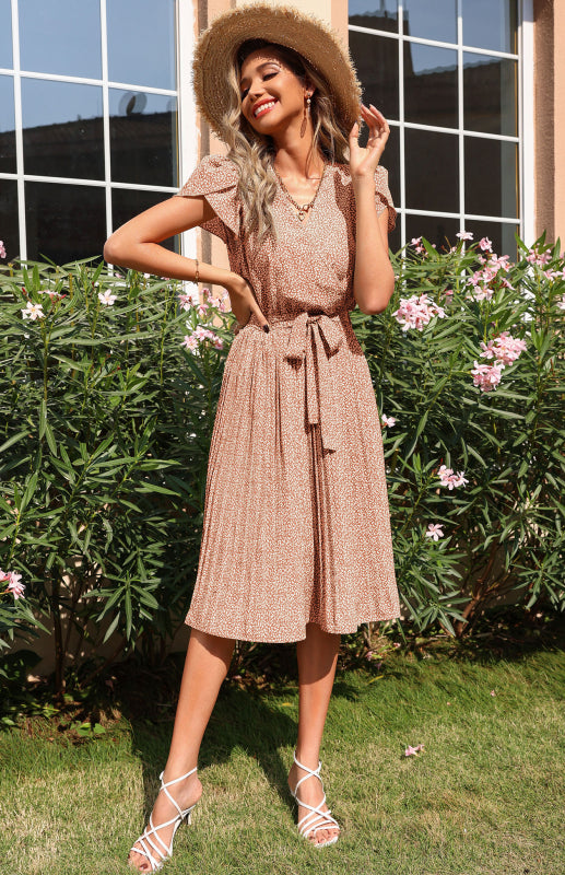 Levoire | Femme Jupe Imprimée Plissée Robe V Col