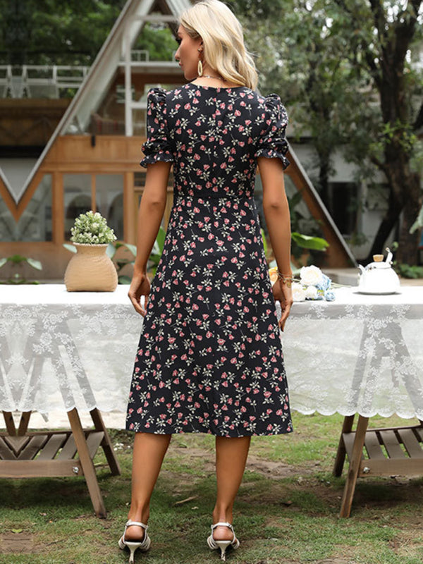 Levoire | Robe à fleurs européenne et américaine à col en V avec manches puff