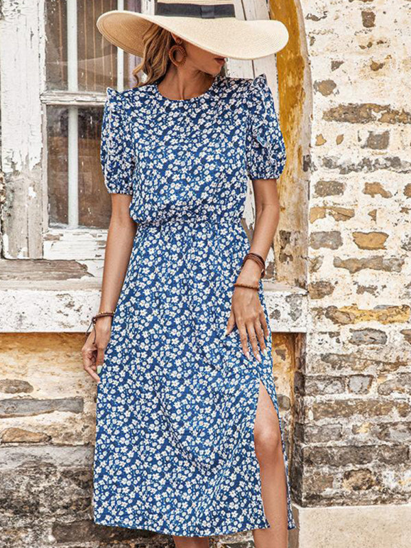 Levoire | Européenne et américaine jupe informelle fendue fleurie robe bleue