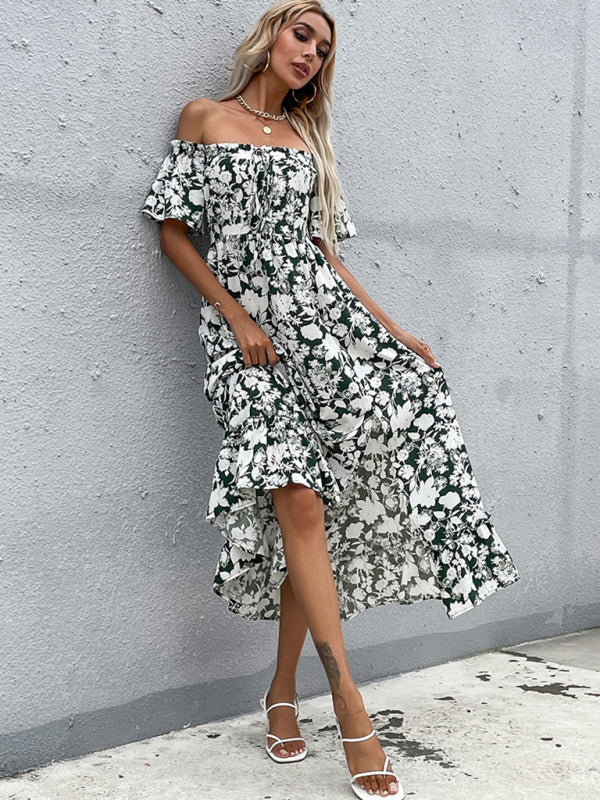 Levoire | Robe midi slim ajustée à la silhouette à manches courtes robe imprimée à une épaule