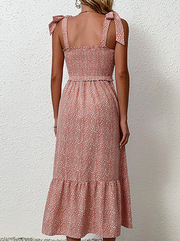 Levoire | Robe à fleurs roses à nouer avec volants