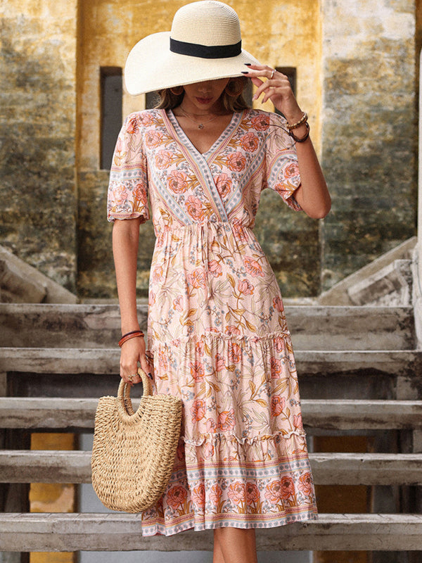 Levoire | Robe Midi V Col en V Imprimé Pilz Vintage Dame Rose