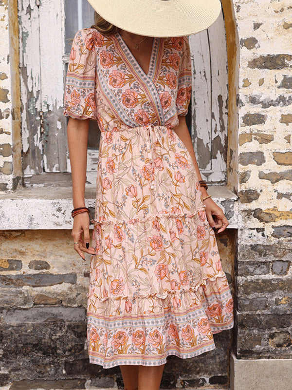 Levoire | Robe Midi V Col en V Imprimé Pilz Vintage Dame Rose