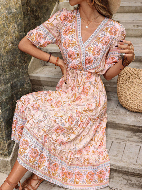 Levoire | Robe Midi V Col en V Imprimé Pilz Vintage Dame Rose