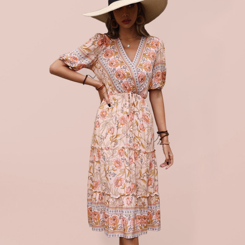 Levoire | Robe Midi V Col en V Imprimé Pilz Vintage Dame Rose Rosa