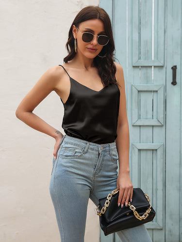Levoire | Dame Satin imité soie V-Urt chemise avec fines bretelles