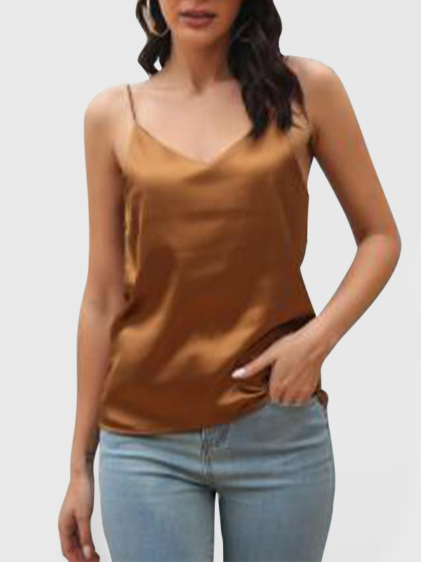 Levoire | Dame Satin imité soie V-Urt chemise avec fines bretelles Khaki