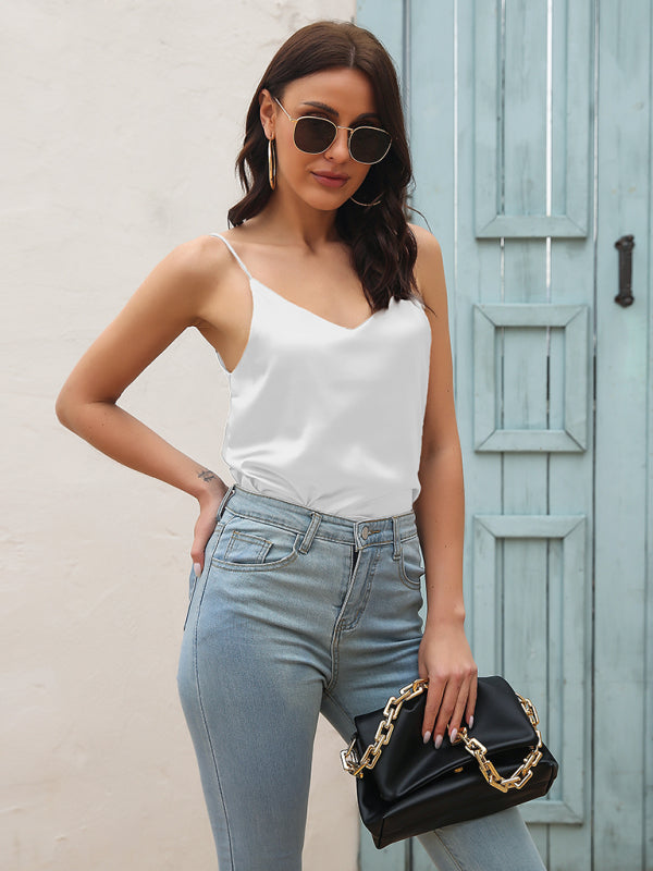 Levoire | Dame Satin imité soie V-Urt chemise avec fines bretelles Blanc