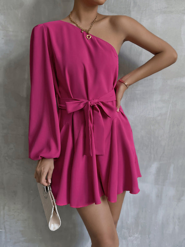 Levoire | Femme Automne Nouvelle Unie Épaule Biais Unilatéral Manches A-Ligne Balancer Mode Tendance Lâche Robe Rosa