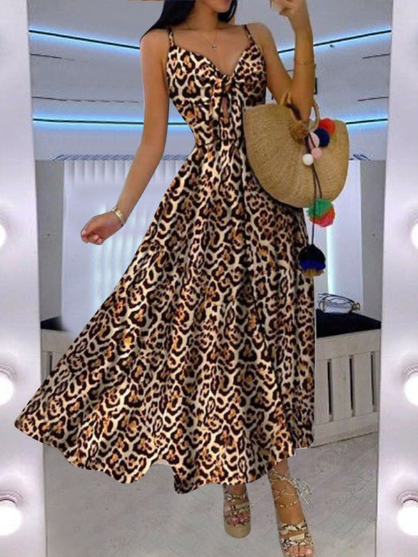 Levoire | Femme Lacet Complet Fleurie Sexy Halter Robe Longue Léopard