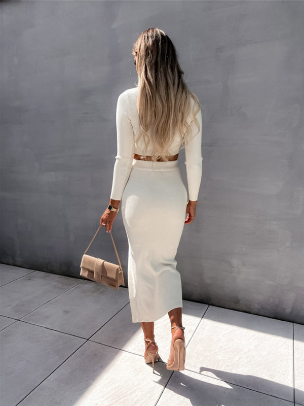 Levoire | Nouveau style unicolore tricoté robe longue à manches sexy avec fente deux pièces