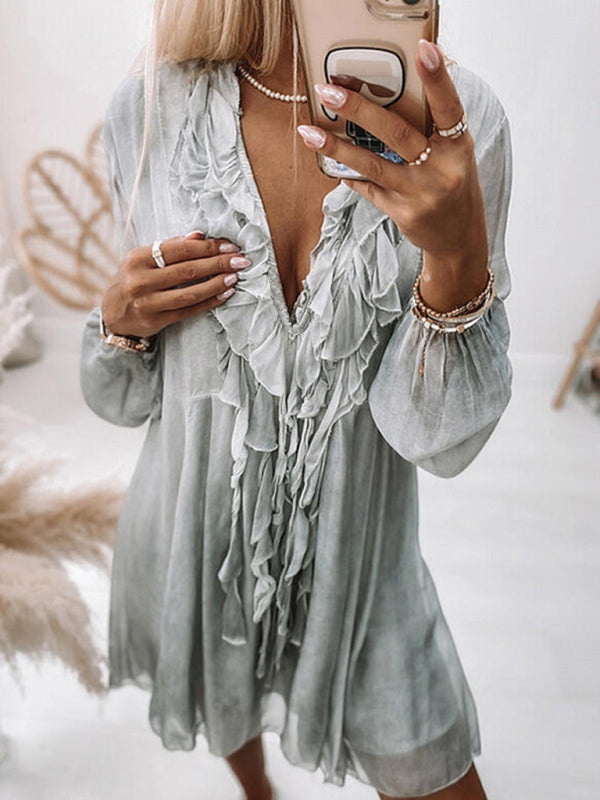 Levoire | Femmes robe longue à volants unie à manches longues