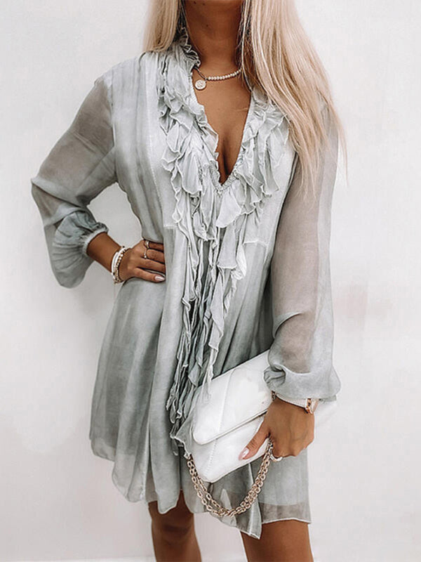 Levoire | Femmes robe longue à volants unie à manches longues Gris vert