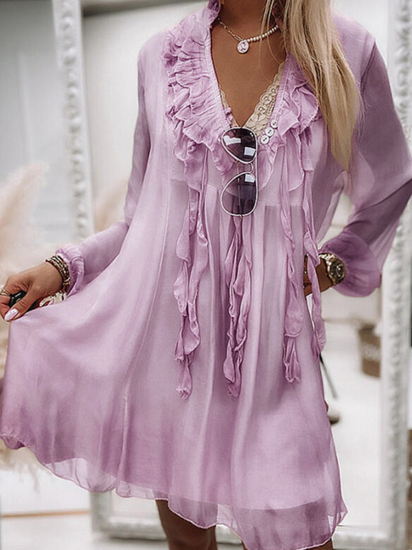 Levoire | Femmes robe longue à volants unie à manches longues