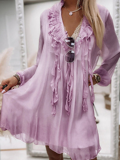 Levoire | Femmes robe longue à volants unie à manches longues