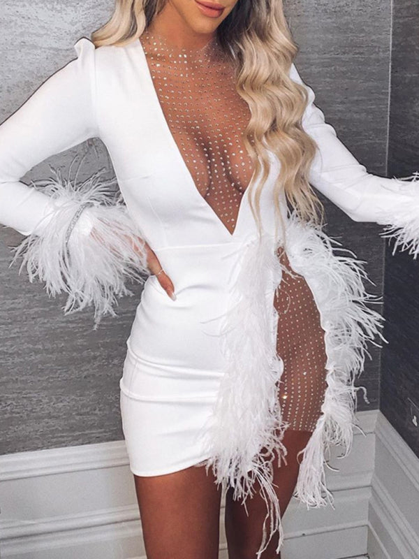 Levoire | Mesh V-neck Couture Mesh Plume Décoration Robe Slim Femmes