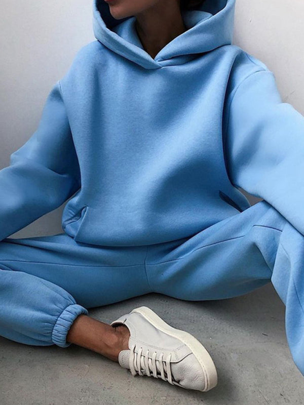 Levoire | Femme pantalon décontracté uni épais en sweat à capuche à manches longues Bleu