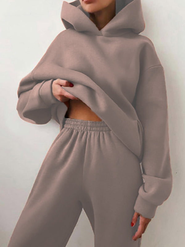 Levoire | Femme pantalon décontracté uni épais en sweat à capuche à manches longues Braun