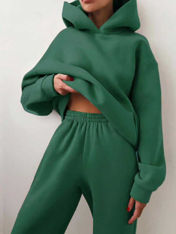 Levoire | Femme pantalon décontracté uni épais en sweat à capuche à manches longues Vert