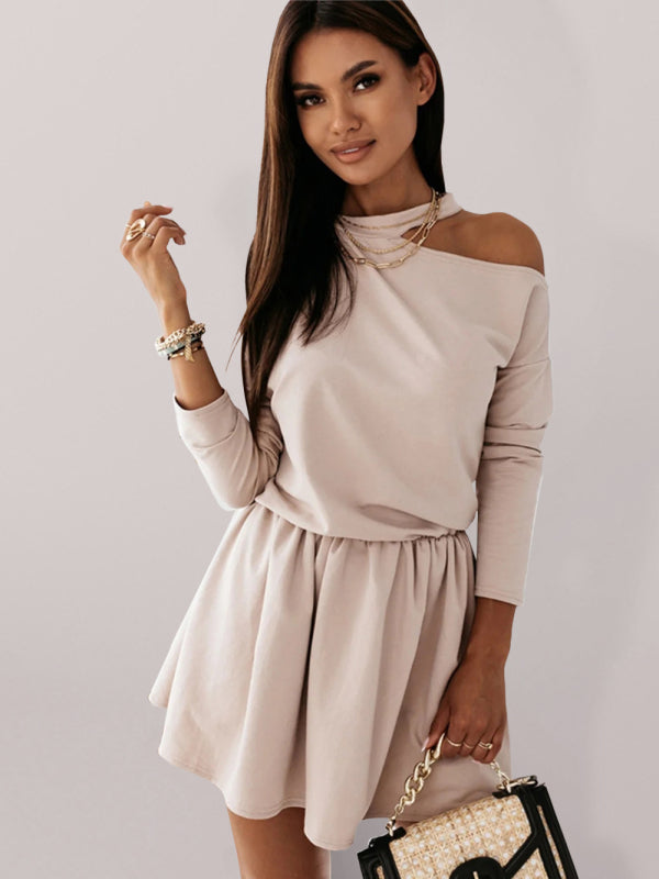 Levoire | Femme Unicolore Col Rond Off-Shoulder Robe à Manches Longues Khaki