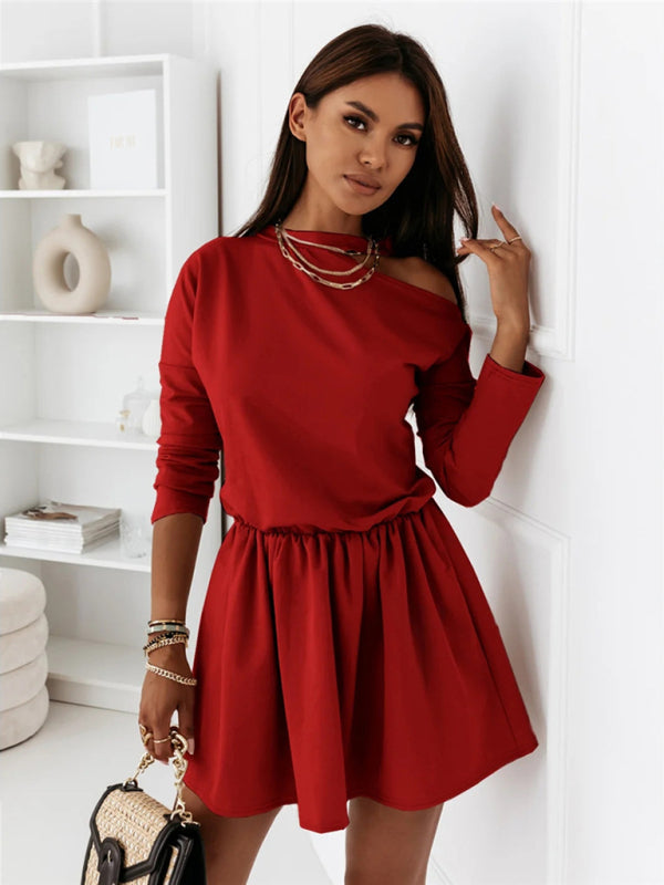 Levoire | Femme Unicolore Col Rond Off-Shoulder Robe à Manches Longues Rot