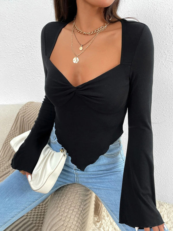 Levoire | Femmes tricot sexy encolure en cœur à manches trompette T-shirt asymétrique à manches longues