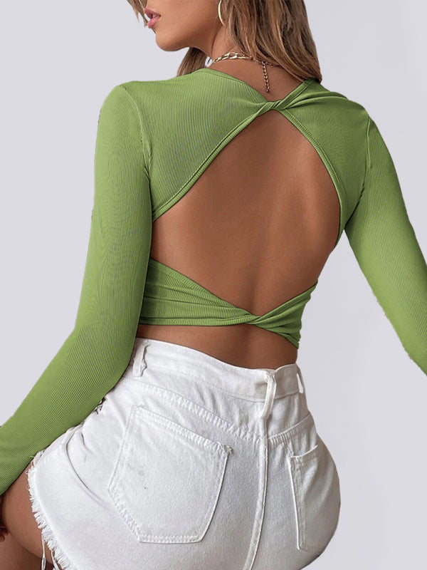 Levoire | Femmes Tricot Sexy Dos Nu Court Manches Longues T-shirt Vert