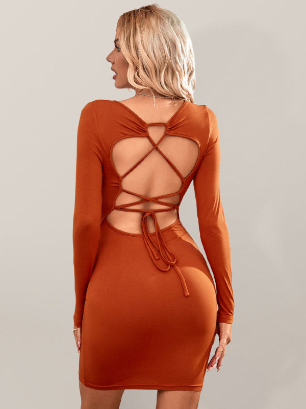 Levoire | Femme Tricoté Carré-Découpe Sexy Dos Nu Combishort Robe Manches Longues Caramel