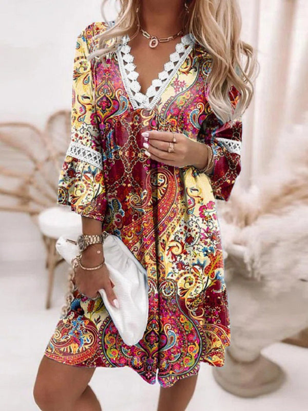 Levoire | Femmes Robe Boho à imprimé panneau pointu à col en V Rouge vin