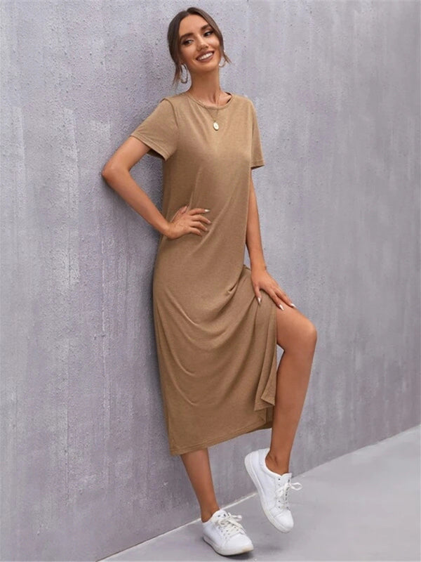 Levoire | Femme Robe à manches courtes Col rond Fente Milieu Jupe