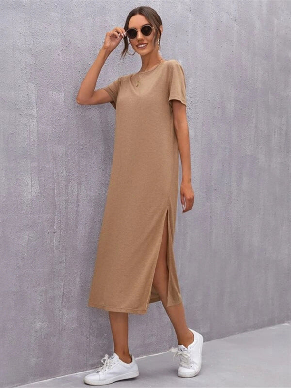 Levoire | Femme Robe à manches courtes Col rond Fente Milieu Jupe