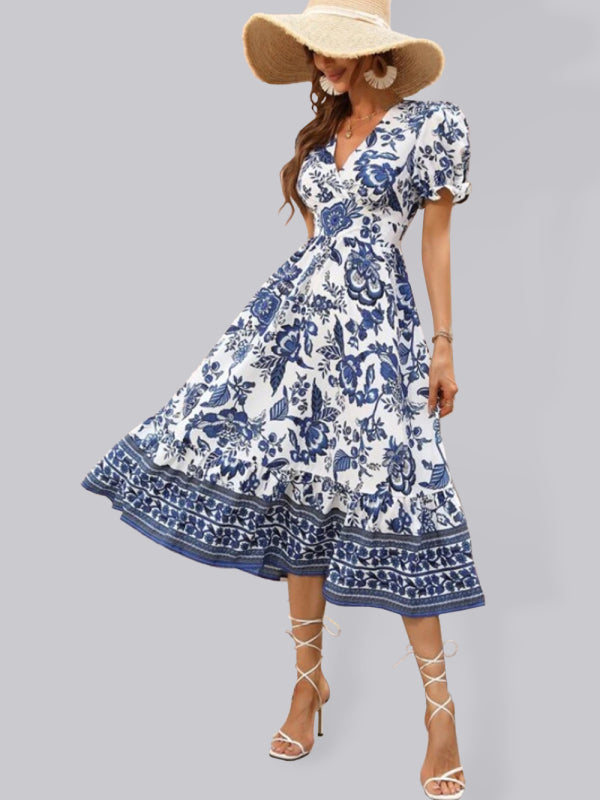 Levoire | Imprimé en position ronde robe maxi à manches bouffantes Bleu