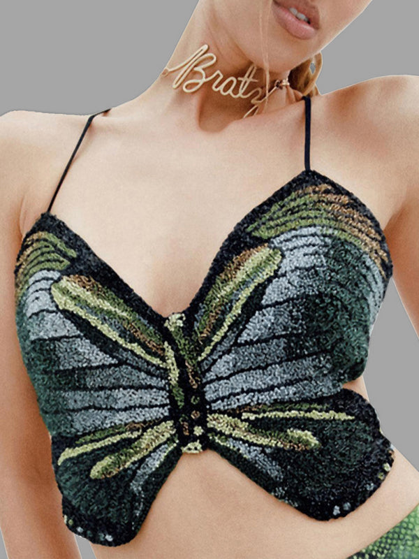 Levoire | Femme Dos nu Liens imprimé papillon Débardeur Noir F